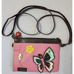 CHALA Mini‎ Purse Crossbody Butterfly Flower Pink Brown 8x6x1 Adjustable Strap